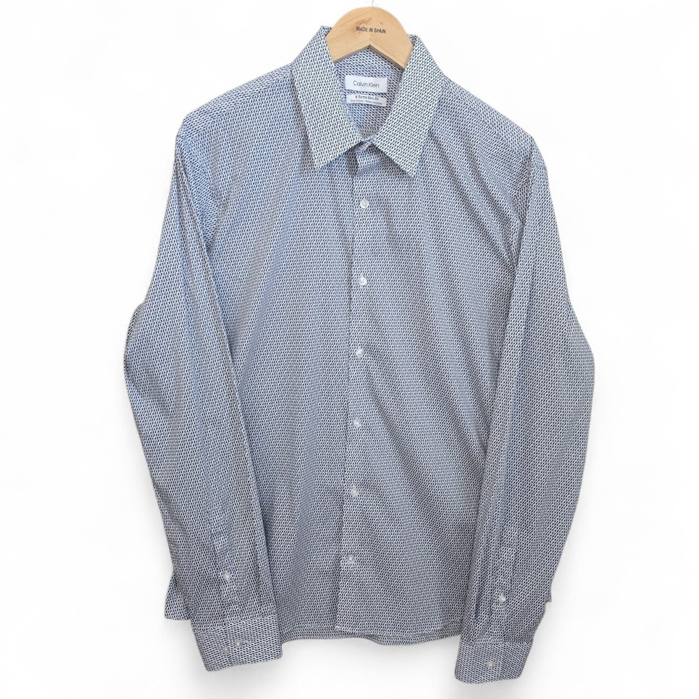 Calvin Klein Dress Shirt Mens Large Blue Black Button Xtra Slim Fit Stain Shield